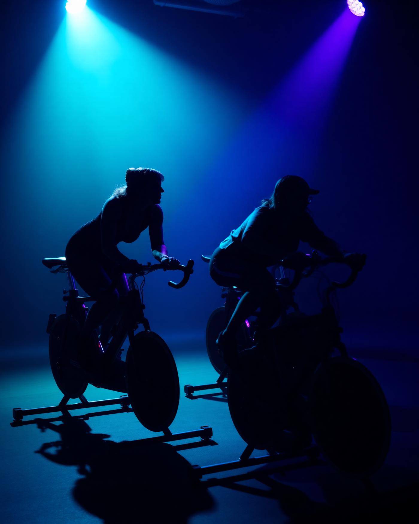 Silhouettes of cyclists riding stationary bikes under stage lighting