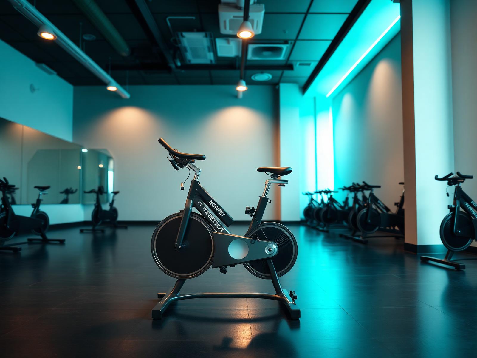 Empty boutique cycling studio with a single spin bike foregrounded
